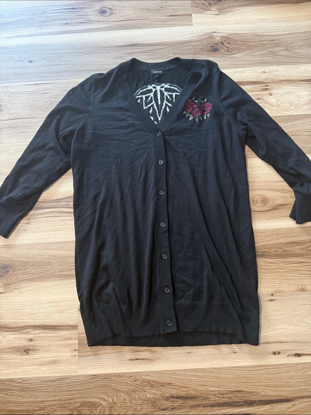 torrid Black V-Neck Button Cardigan with Rose Embroidery